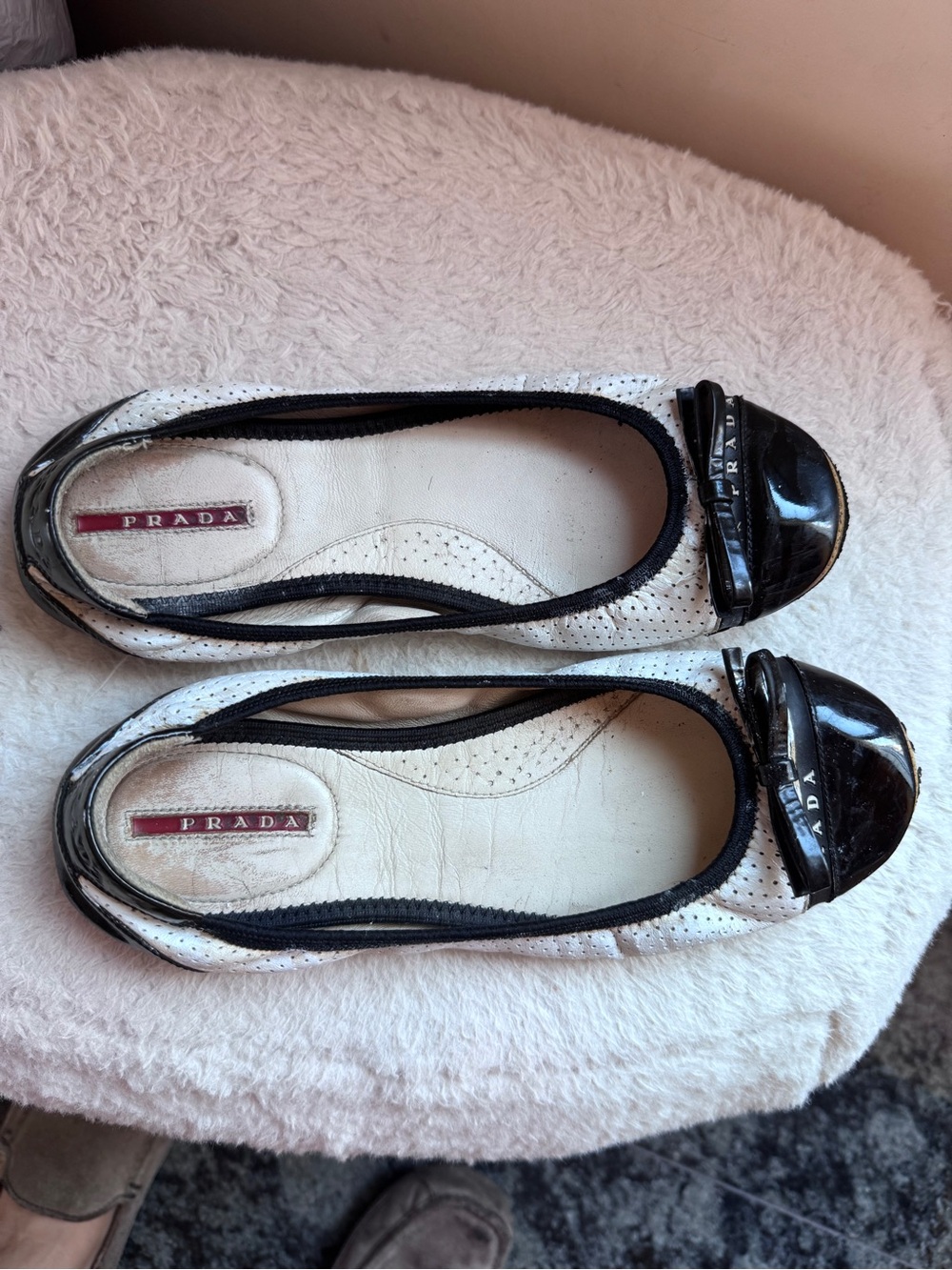 Prada White Leather Ballet Flats with Black Patent Trim
